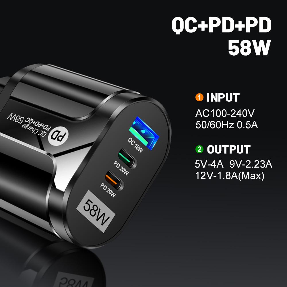 58W Multi-Plug Fast Charger with Dual USB & Type-C PD Ports