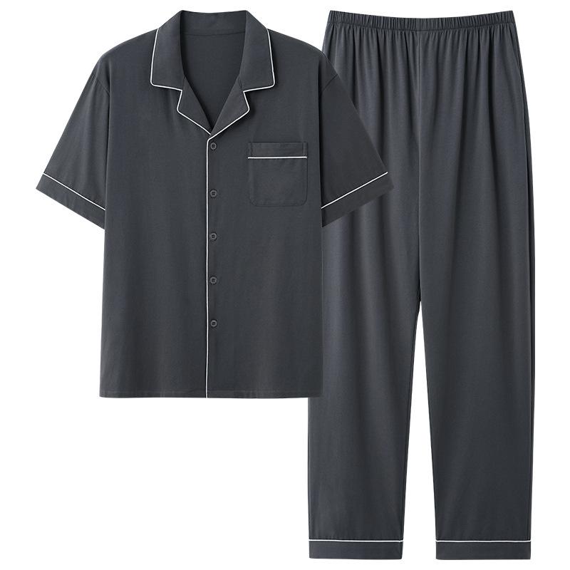 Pajamas Men's Summer Cotton Short Sleeve Trousers Thin Summer Men's Large Size Summer Cardigan Loungewear Set