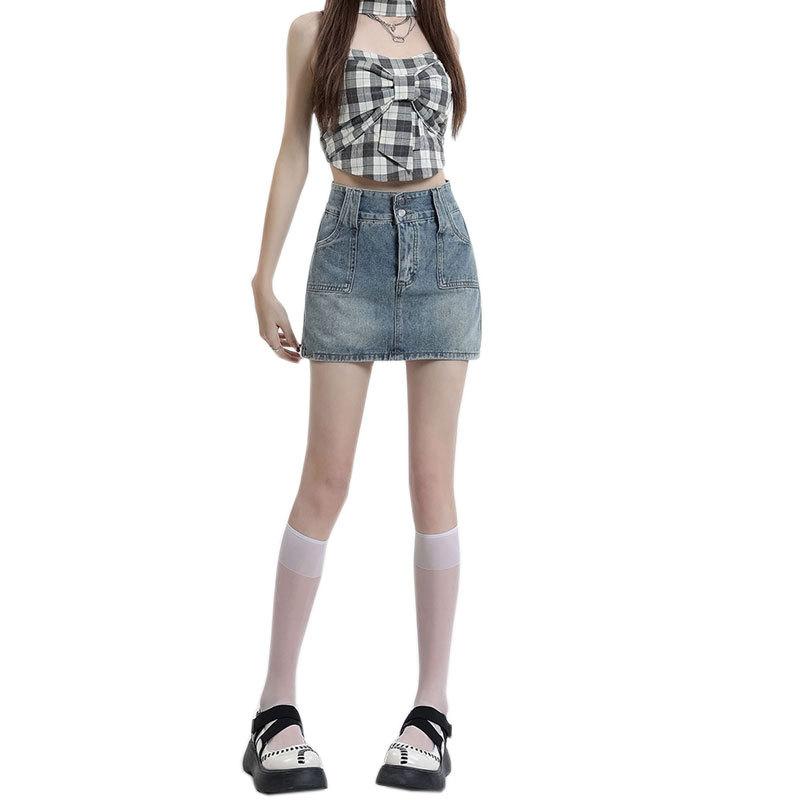 Jugendlich und schlank machende A-Linien-Hosenröcke Retro Hohe Taille Halbrock Doppel-Schnallen-Design Paket Hüftrock Damen Sommermode Denim Kurzer Rock