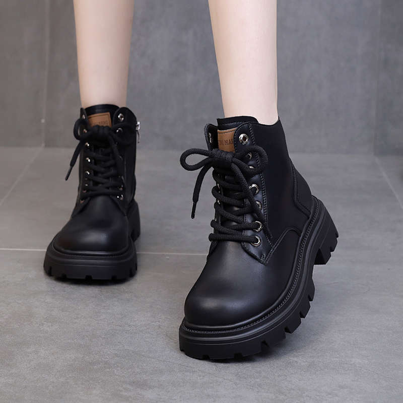 Soft leather non-slip short boots women's muffin platform single boots 2025 new autumn and winter women's shoes British style foreign style Martin bo