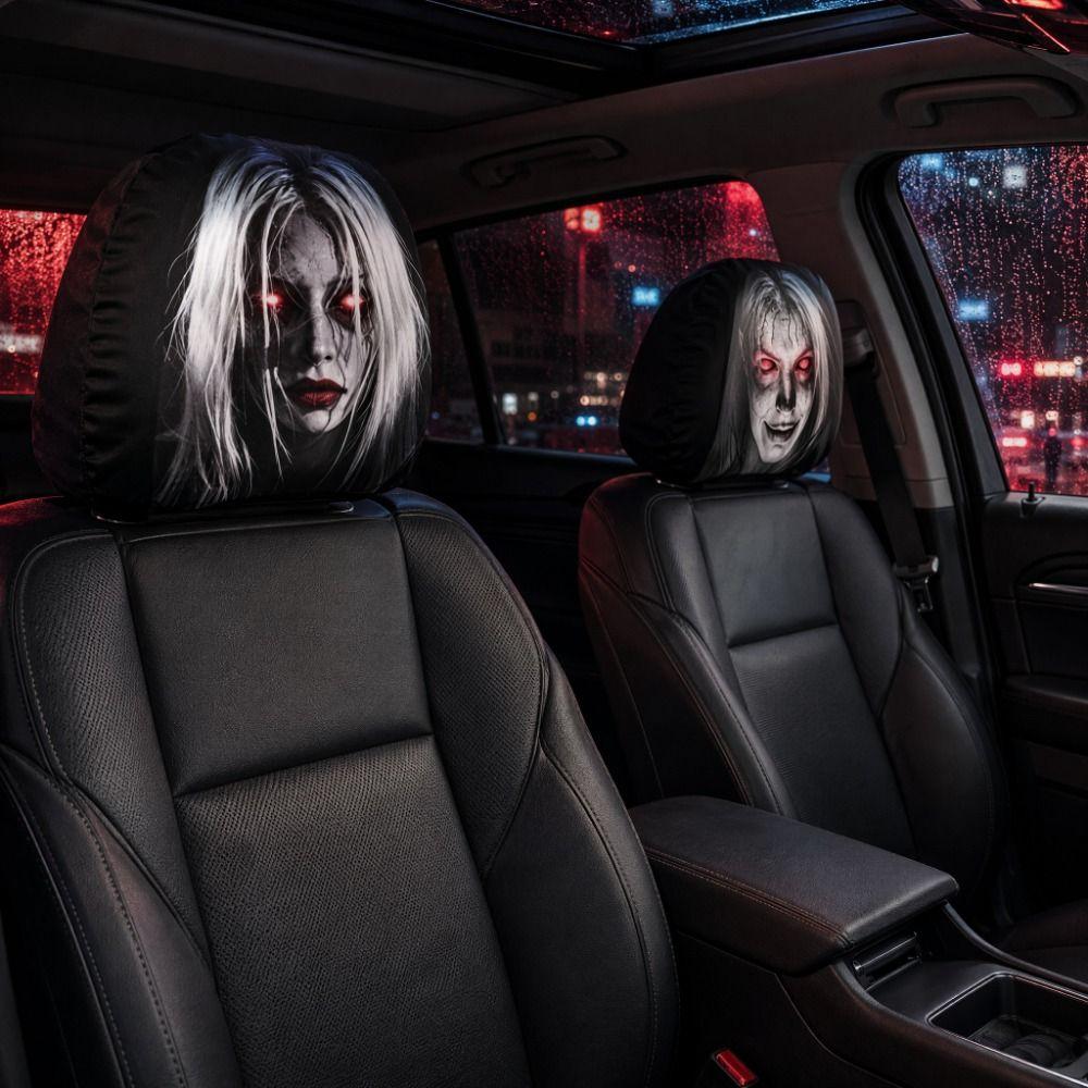2 Pcs 2D Stretch Car Headrest Covers Ghost Neck Pillowcase Car Interior Decor  All Seasons