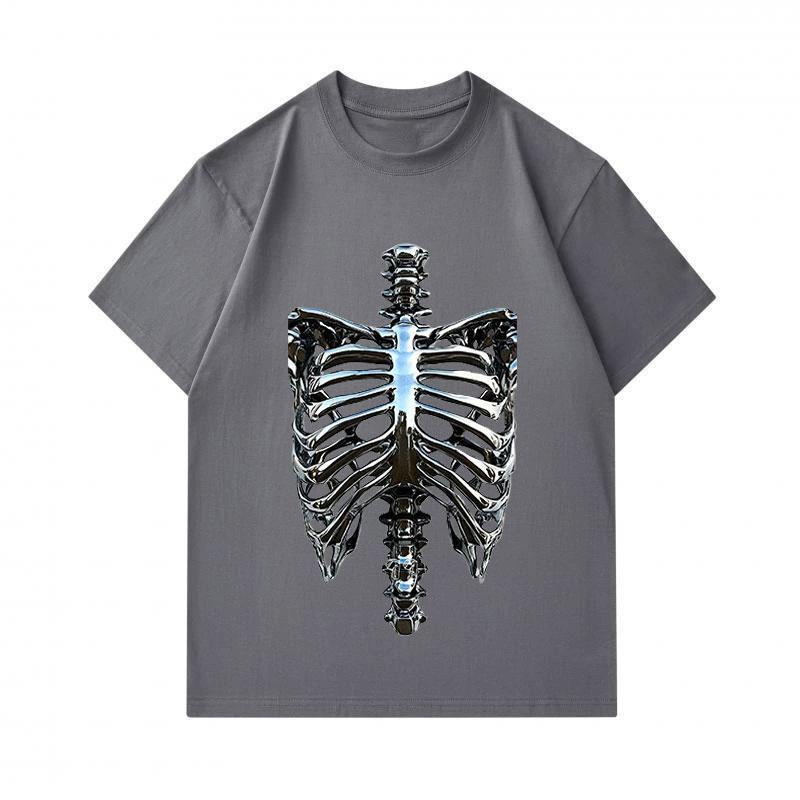 Men's 100% Cotton Crew Neck Short Sleeve T-Shirt, Metallic Skeleton Rib Cage Print Casual Comfortable Summer Tee for Daily Street Wear