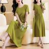 Elegant Plus Size Cotton Silk Knee-Length Dress with Waist Cinch for Middle-Aged Women