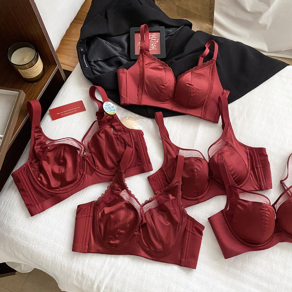Core Oxygen Natal Year Red Underwear Women's Wedding High-end Light Luxury Satin Big Breasts Show Small Gathering Adjustment Bra Women