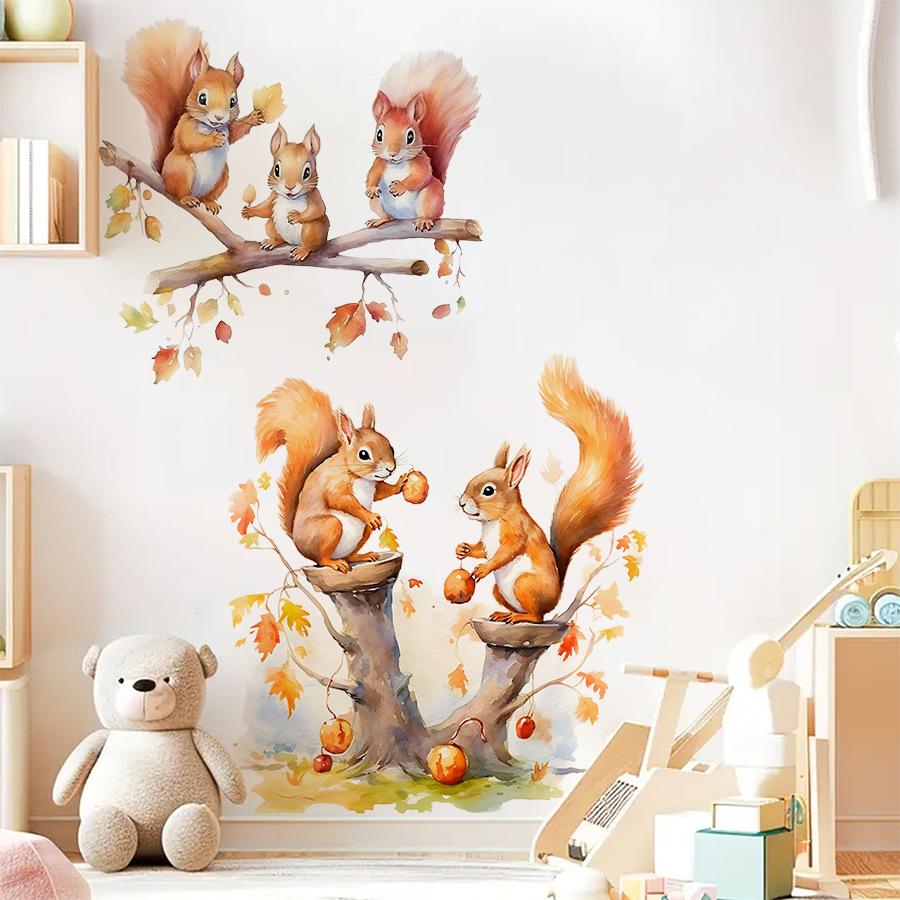 Warm Cute Cartoon Squirrel Family Wall Stickers, Self-Adhesive Decor for Kids Room Bedroom Kindergarten Decoration