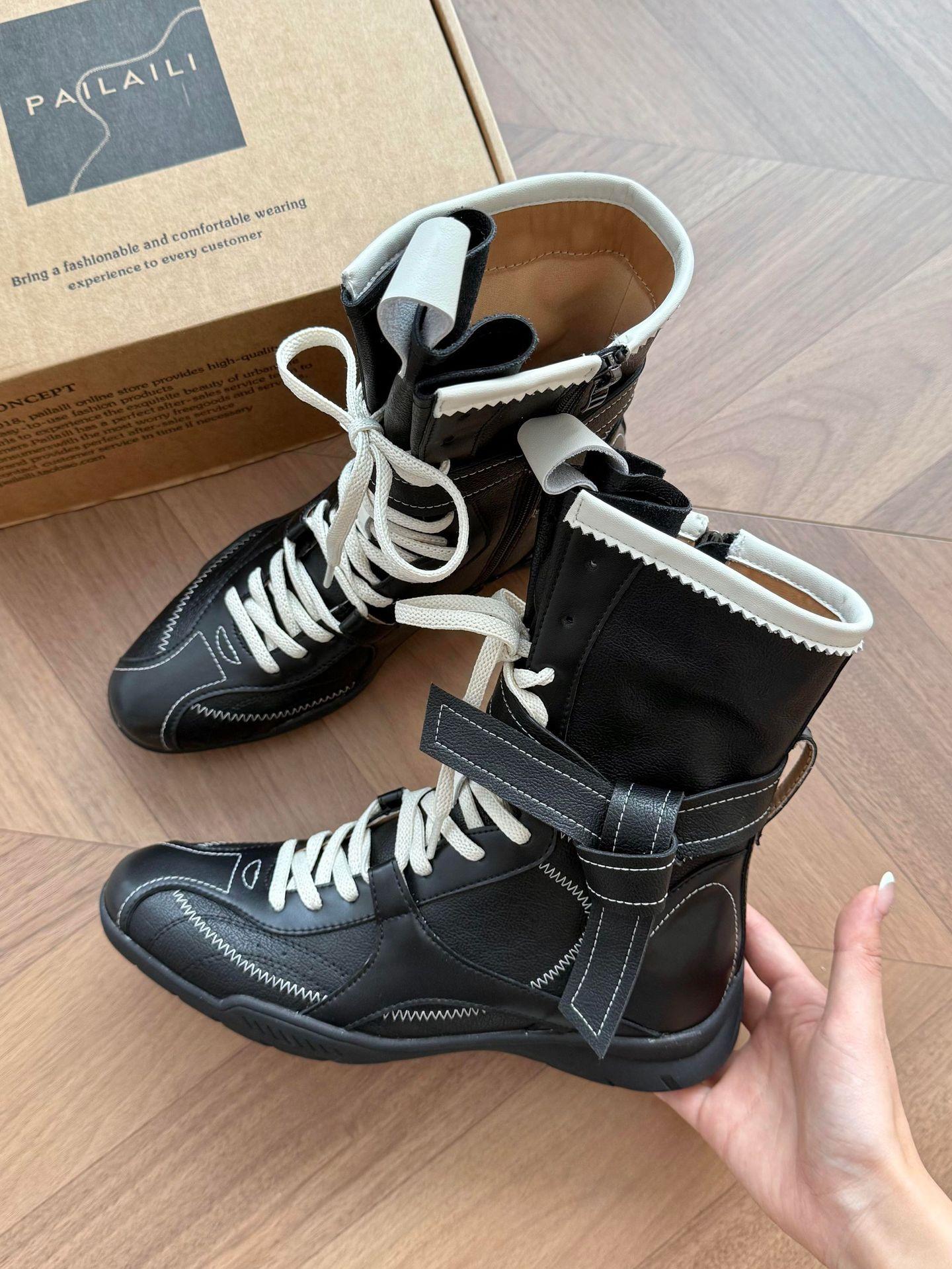 

Edition boxing boots retro color matching straps side zipper hunting Martin boots women s short boots retro casual tide 41 чорний