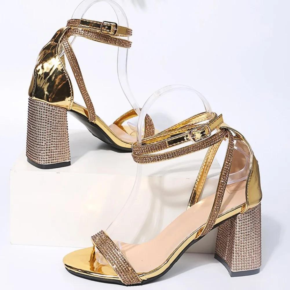 Luxury Gold Silver High Heels Sandals Women 2025 Summer Thick Heeled Ankle Straps Party Shoes Woman Plus Size 43 Open Toe Pumps