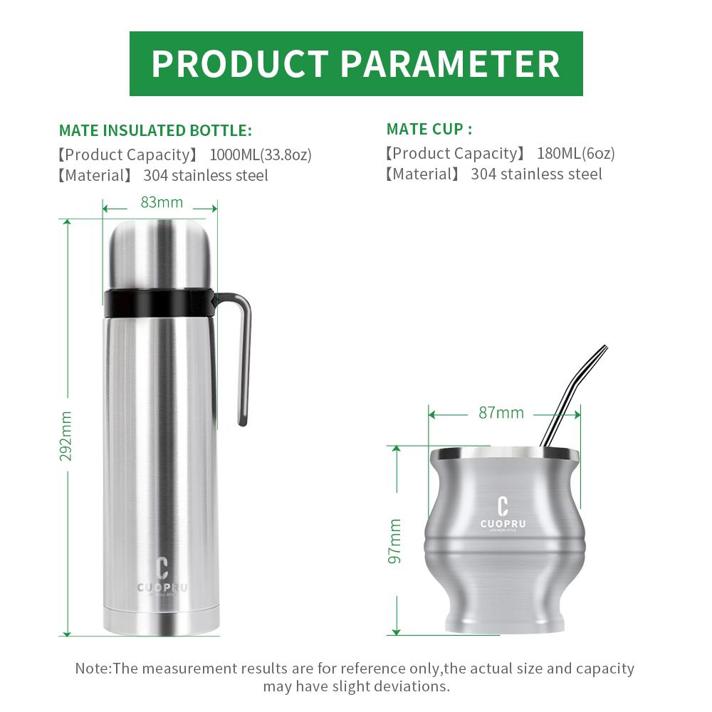 Yerba Mate Kit - Modern Mate Gourd, Bombilla, Cleaning Brush, Thermos Set Included - Premium 304 Stainless Steel (Silver)