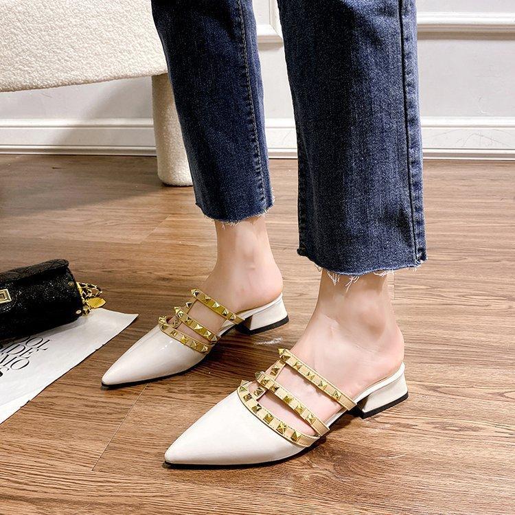 Rivet shoes French sense rivet cool slippers women's summer wear flat-bottomed summer and Korean version patent leather pointed head half slippers