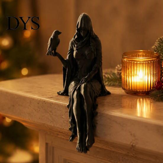 Tabletop Shelf Decoration Gothic Raven Sitter Statue, Hooded Lady Reaper Figurine, 3D Printed Dark Creative Bookshelf Statue Edge Sitter, Witchy Room