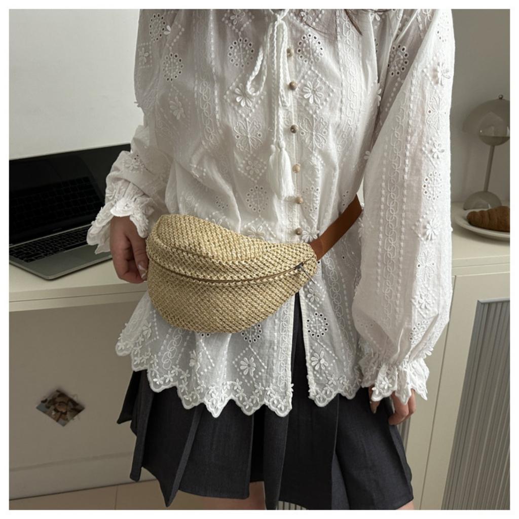 Women'S Stylish Woven Chest Bag - Light Brown, Crossbody Sling Phone Pouch with Zipper Closure, Versatile Waist Pack for Beach, Beach Bag