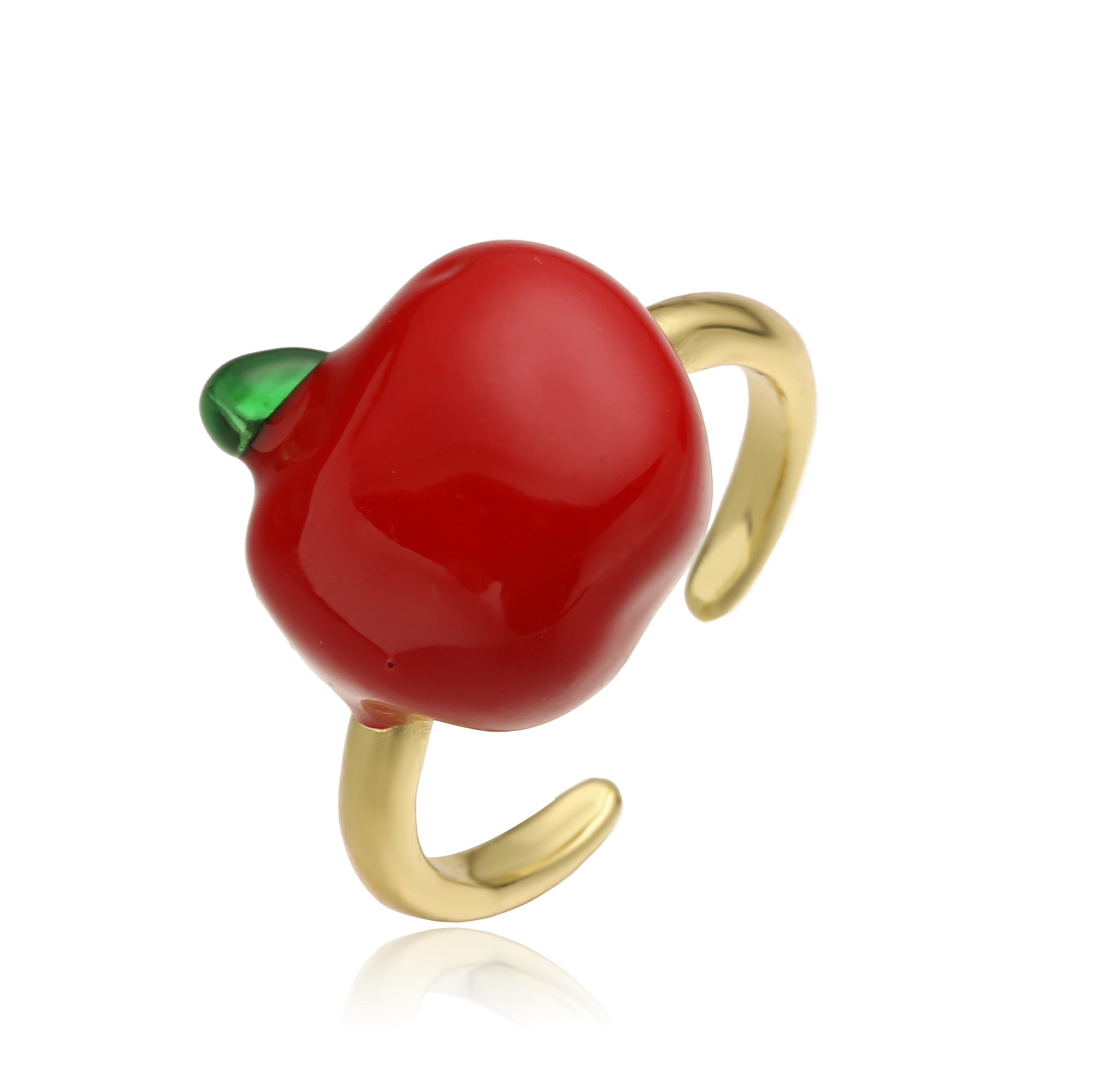 

18K Gold Plated Brass Enamel Drop Glazed Red Apple Cute Sweet Fruit Ring, Ladies Adjustable Opening Zircon 1 piece resizable