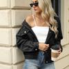 Washed Hooded Denim Jacket Loose Long Sleeve Casual Outerwear For Women