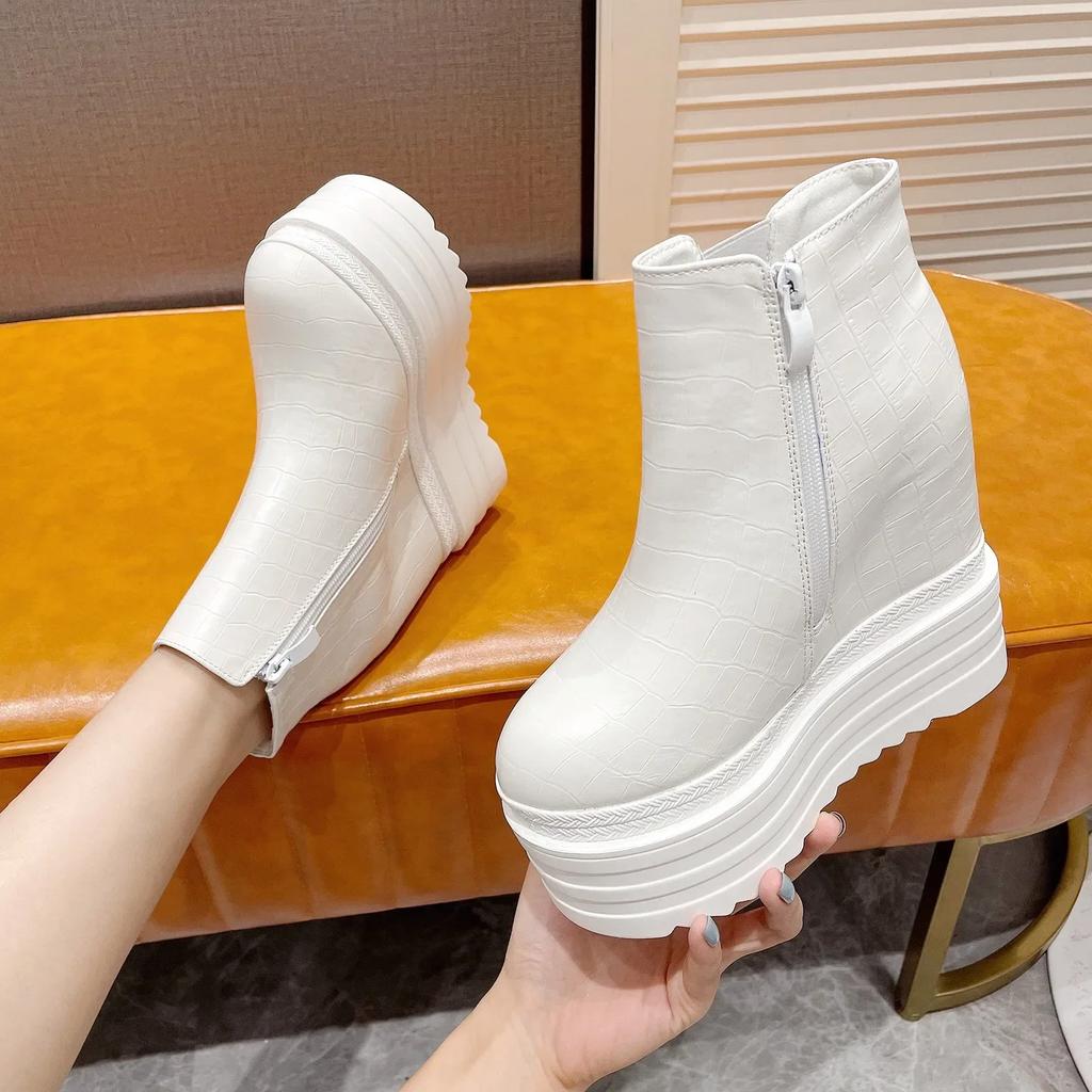 Autumn Womens Ankle Boots Black 14cm Ultra High Heel Zip Platform Bottes Sexy Inner Heigthen Wedges White Black Short Botas