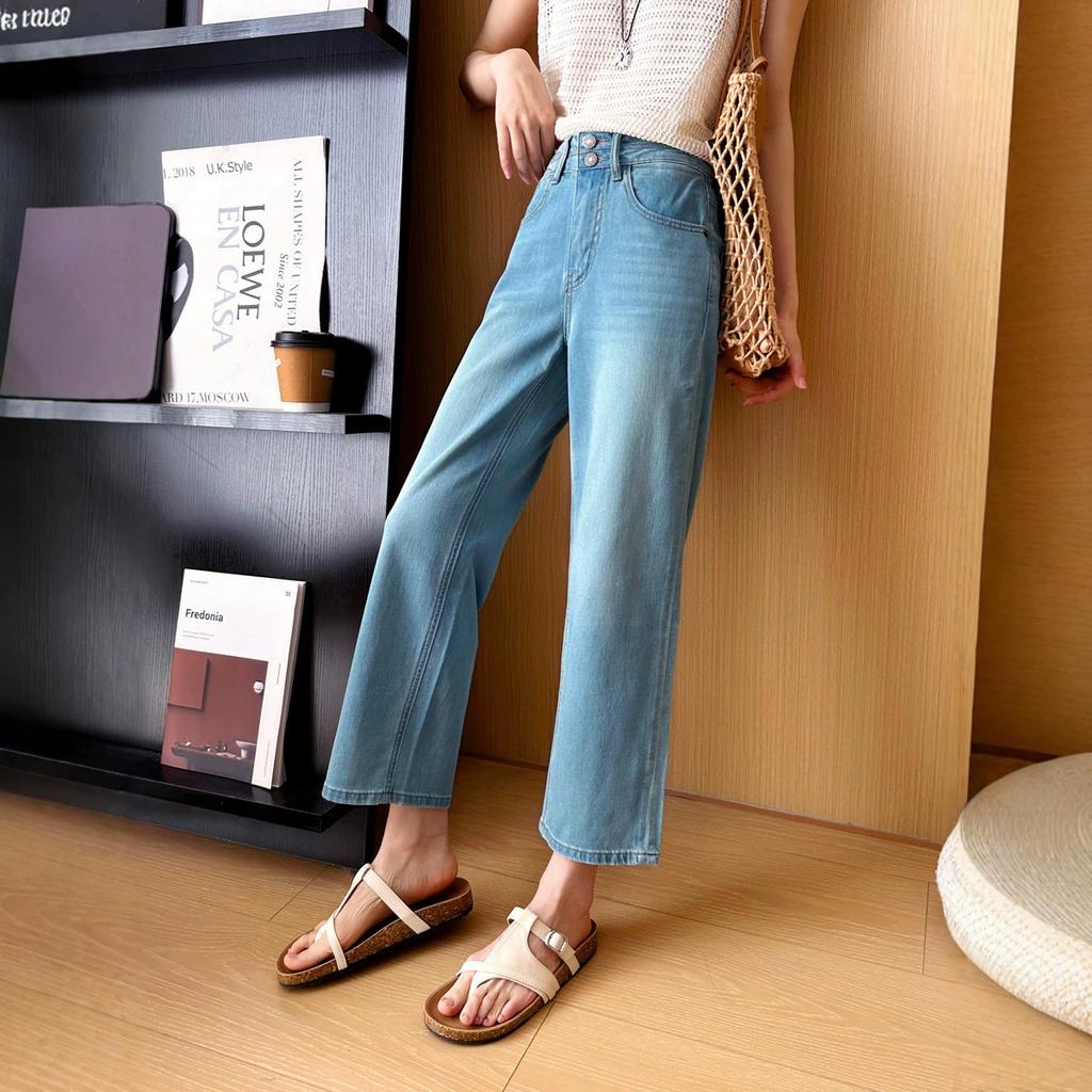 Women's High Waist Straight Leg Jeans Straight Pant Lazy Style Ultra Thin Washed Four-way Stretch Summer Petite Cropped Denim Trousers
