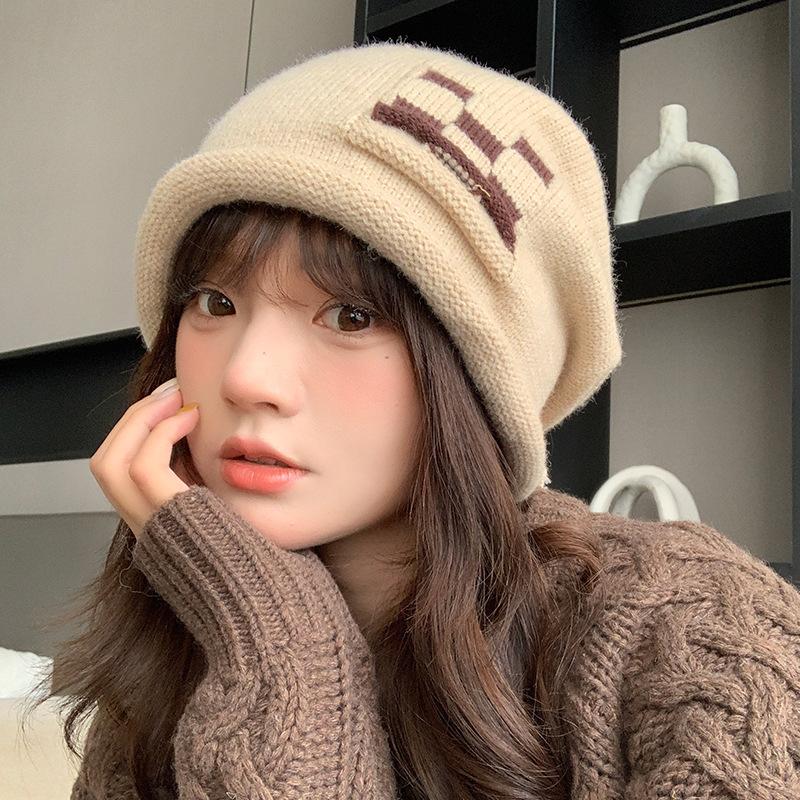 Knitted drawstring stacking hat Children's spring and autumn crimping warm ear protection nightcap big head circumference checkerboard wool hat