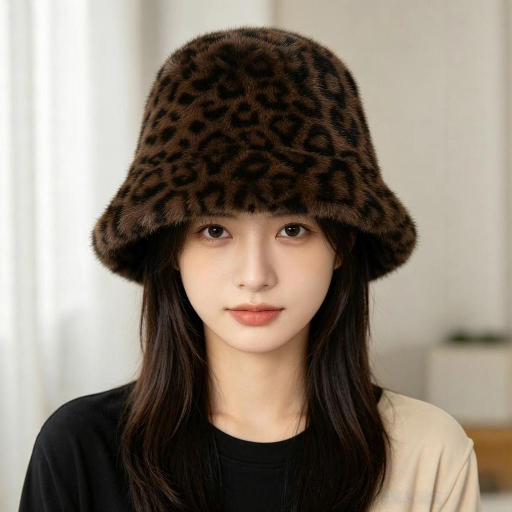 Leopardenmuster Imitat Nerz Plüsch Eimerhut Damen Herbst und Winter Verdickt Warm Gesicht Klein Retro Spice Girl Vielseitig Eimerhut