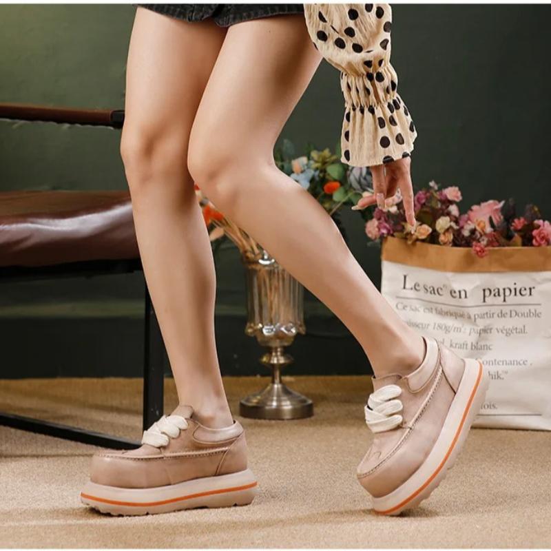 Johnature Genuine Leather Thick Soled Height Increasing Shoes Retro Lace Up Versatile High-heeled Pumps
