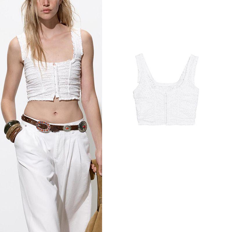 Spring and Summer Women's Clothing Metal Hooks Cotton French Hollow Embroidered Wide Shoulder Strap round Neck Tops 4174380