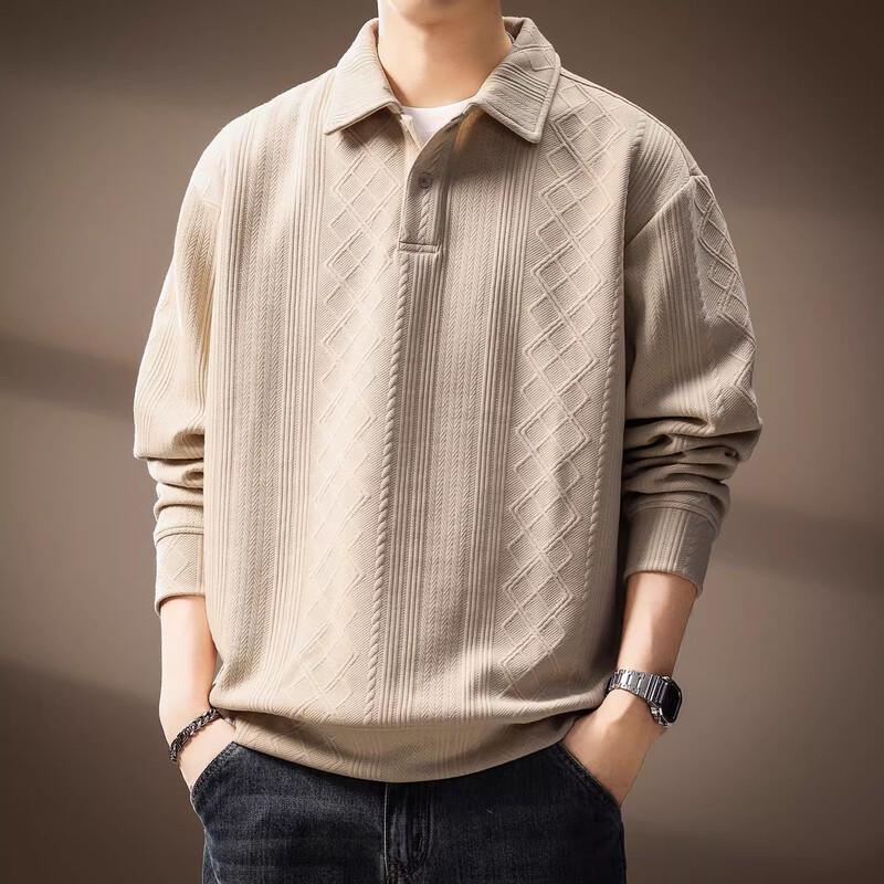 Men s Diamond Jacquard Long Sleeve Polo Knit Sweatshirt 4XL