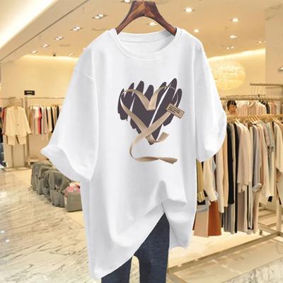 Women's White Oversized T-Shirt Heart Pattern Loose Short Sleeve Casual Top