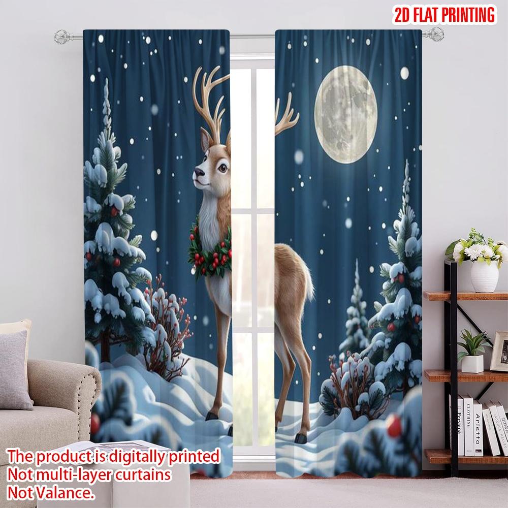 

Flat Printing Christmas Window Curtains Reindeer Design Polyester Fabric Without Electricity Party Holiday Set Of 2 Made W100*H70(CM)-Hooks&1PCS