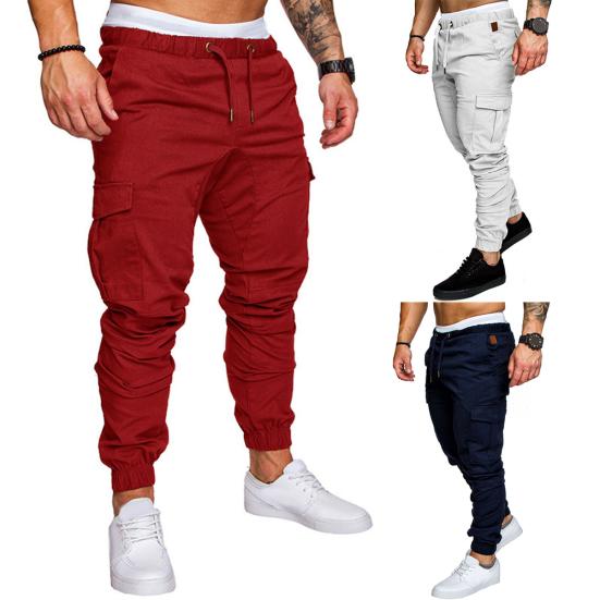 Plus Size Men Casual Solid Color Waist Drawstring Multi Pockets Long Cargo Pants