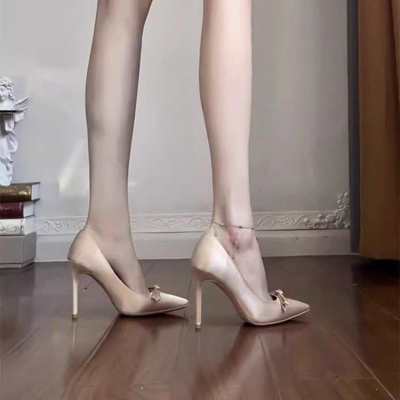 Fashion New Style Popular High Heels Women's Thin Heels Pointed French Temperament Bow Light Mouth Single Shoes Women Zapatos Mujer