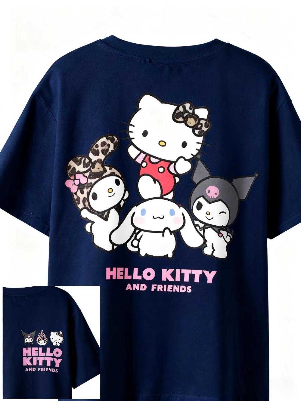 

2026 новая футболка Hello Kitty из мягкого хлопка с коротким рукавом и круглым вырезом, милый принт, легкий летний топ для женщин, повседневная одежда S