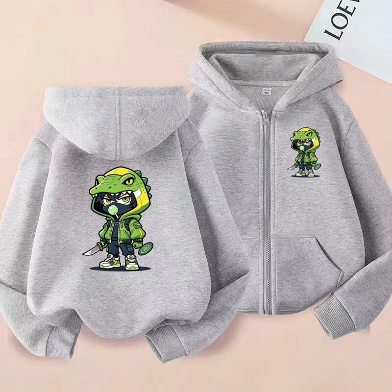 2026 New Style Children's Sporty Zippered Hooded Sweatshirt Casual Jacket with Cartoon Lizard Pattern for Ages 3 To 12