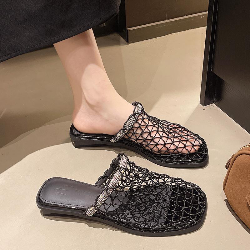 Baotou half slippers women's outer wear 2025 summer new niche mesh hollow slippers breathable low-heeled fishing net shoes