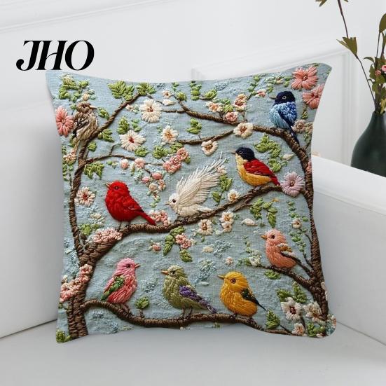 Chair Pillowcase Embroidered Throw Pillow Cover Flower Tree Bird Cushion Decorative Durable Sofa with Zipper for Living Room Couch Bed Embroidery