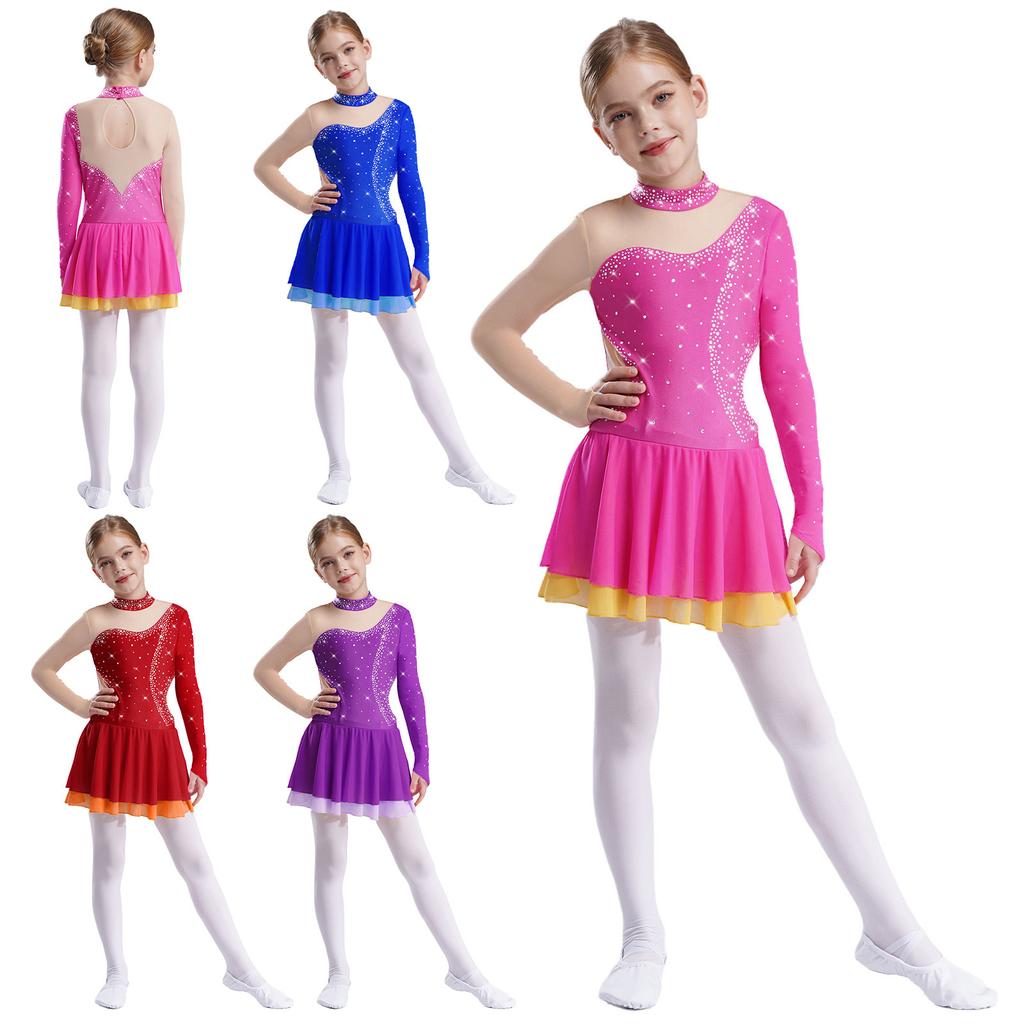 Girls Sparkle Rhinestones Figure Skating Costume Color Block Mesh Patchwork Long Sleeve Keyhole Back Dance Dress