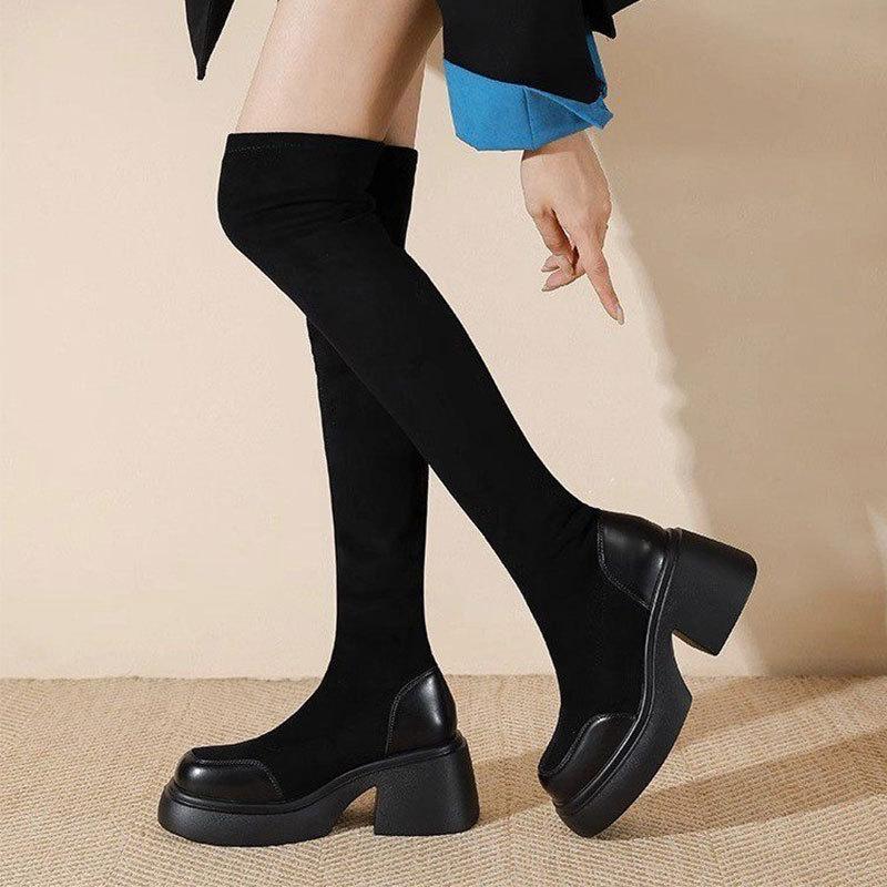 Black suede stretch boots women's winter 2025 new thick-soled thick heel knee boots thin boots socks boots long boots