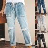Fashion Loose Washed Pocket Trousers Autumn Drawstring Elastic Waist Denim Jeans Casual Distressed Straight Pencil Pants 30211
