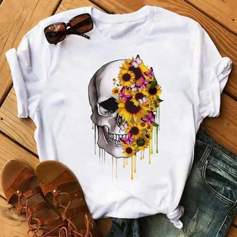 New Cartoon Mama Leopard Turban Skull Print Women Tshirts Casual Oneck Tops Loose Harajuku White T Shirt Korean Style Clothes