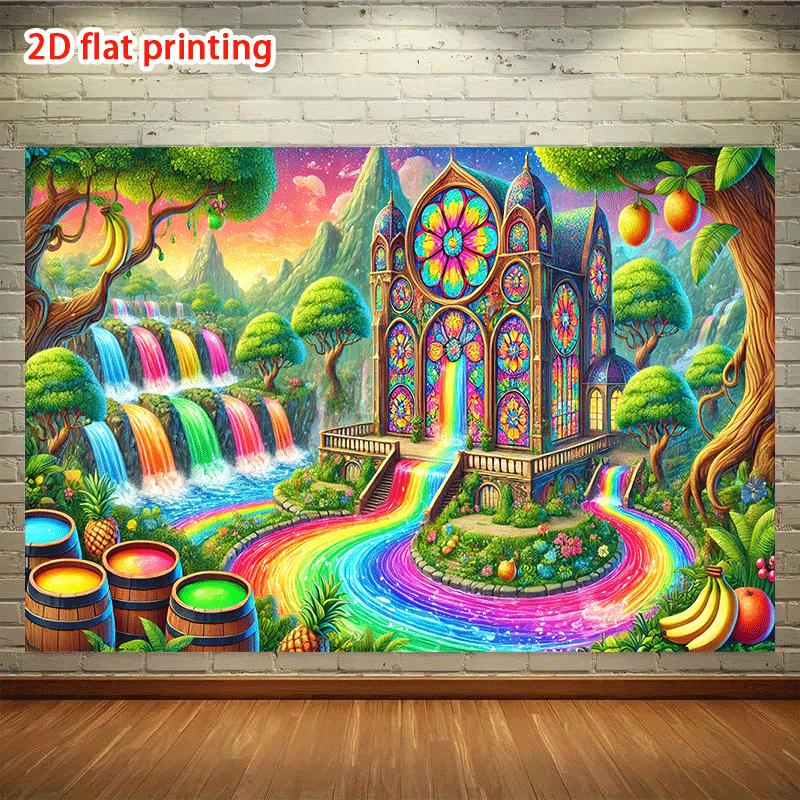 2D plane dreamy colorful waterfall party banner featuring lush greenery waterfall and rainbow sky polyester fiber