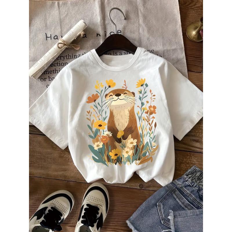 European Sizes Cute and Refreshing Otter Floral Print Short-sleeved T-shirt for Girls, Soft and Stretchy Round Neck Short-sleeved T-shirt