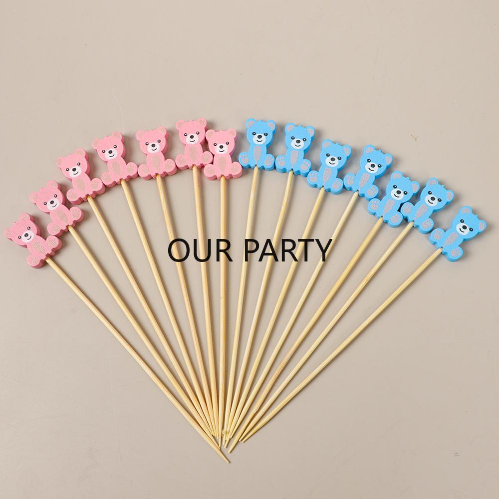 100Pcs Colorful Bear Theme Bamboo Fruit Forks Gender Reveal Buffet Dessert Pick for Kids Birthday Baby Shower Party Decoration 5