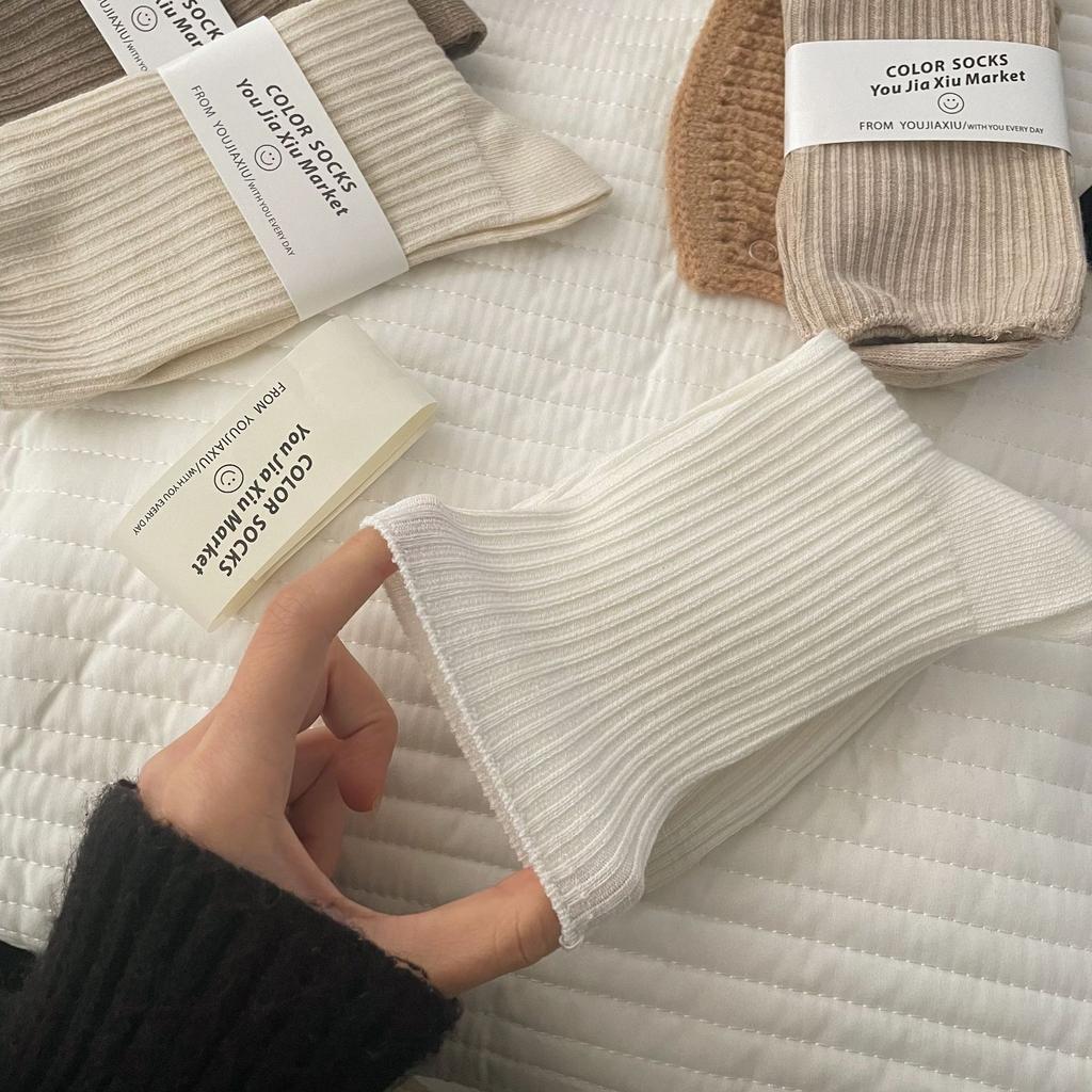 22 Four Seasons Simple Basic Draw Strip Solid Color Spinning Socks Double Needle Socks Preppy Style