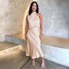 Women Spaghetti Strap Halter Solid Ankel-Length Dress High Collar High Waist
