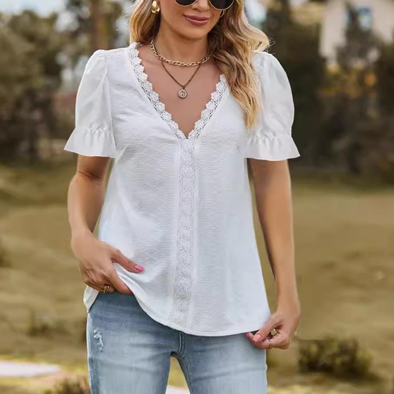 

Женская мода, однотонная повседневная кружевная лоскутная футболка с v-образным вырезом и короткими рукавами, топ XL белый