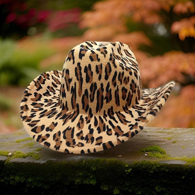 Elegante Cappello a Cilindro Stile Western con Ampia Falda Fedora con Fantasia Leopardata per Donne Uomini Unisex Copricapo Vintage per Feste
