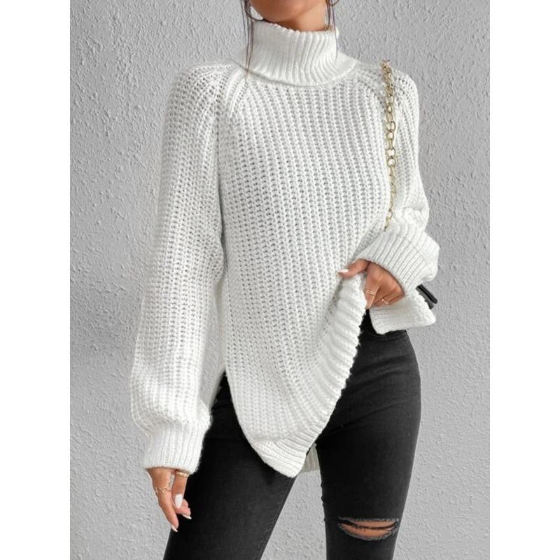 Autumn Winter Turtleneck Women Sweater New Fashion Loose Plus Size Casual Knitted Pullover Sweaters Solid Color Split Elegant Long Sleeve Sweater 1151