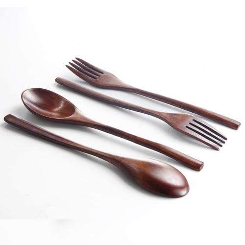 AOOSY 4-Piece Cutlery Set (Spoon, Fork, and Other) - Perfect for Commuting, Lunchboxes, and Students - Natural Wood Dinner Set