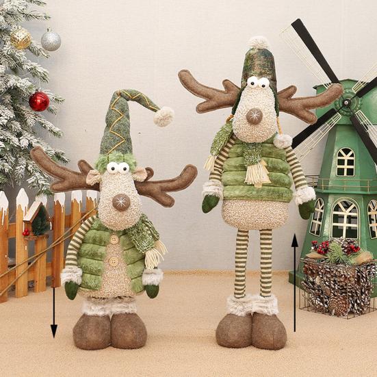 Christmas Reindeer Plush Toy with Retractable Legs Handmade Long-Legged Cartoon Elk Plush Doll Xmas Holiday Party Decoration Ornament