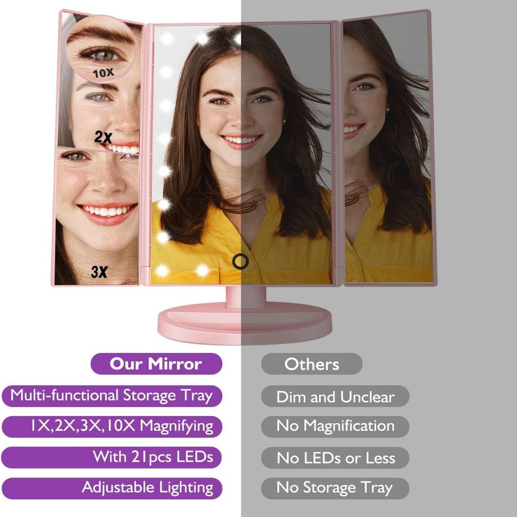Schminkspiegel mit LED-Lichtern, 3-fache Vergrößerung, Touch-Steuerung, Tragbares faltbares Design, Batterie- und USB-betrieben (Rose