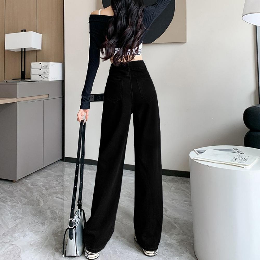 Hong Kong style high waist double buckle wide leg jeans women's spring and autumn new loose mopping casual straight jeans