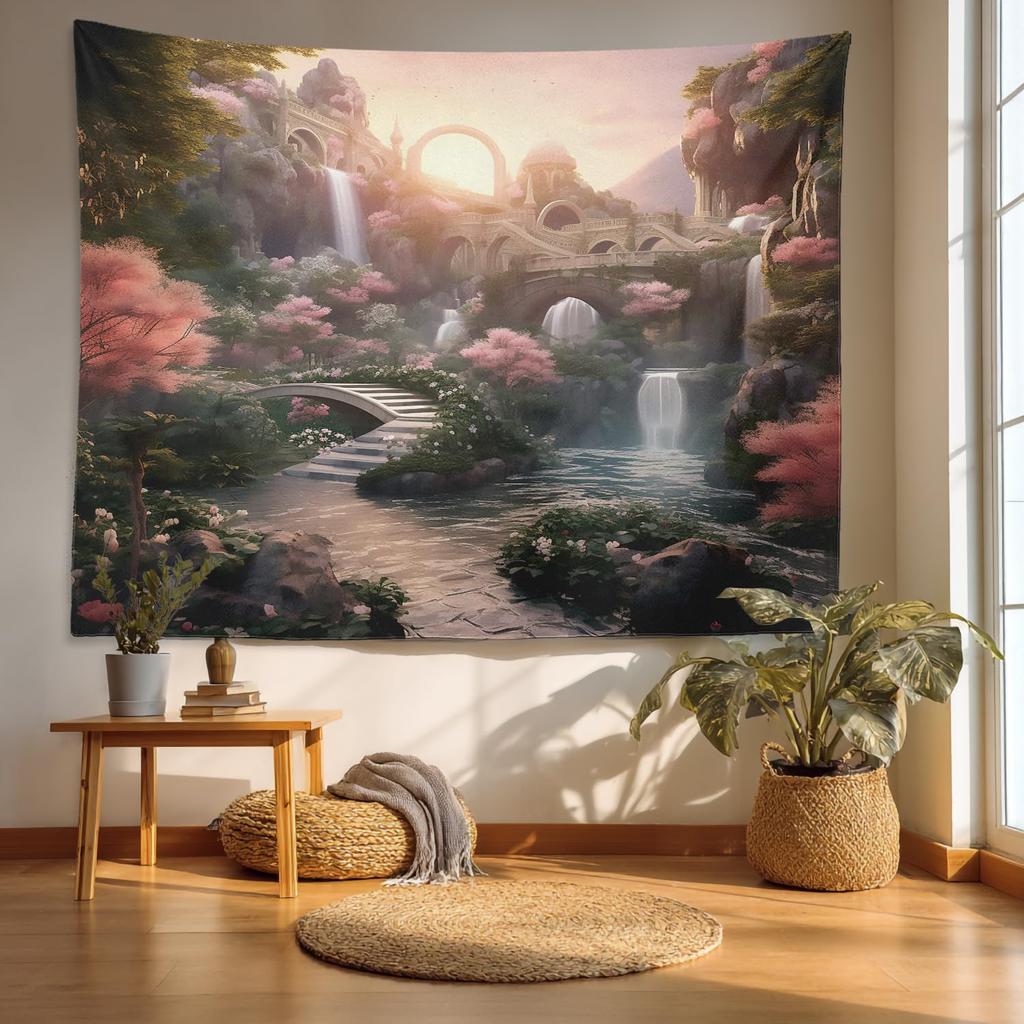 Retro Japanese Cherry Blossom Tapestry, Deep Indigo Flowers Wall Art Hanging Decoration Polyester Fiber White Ruffled Around For