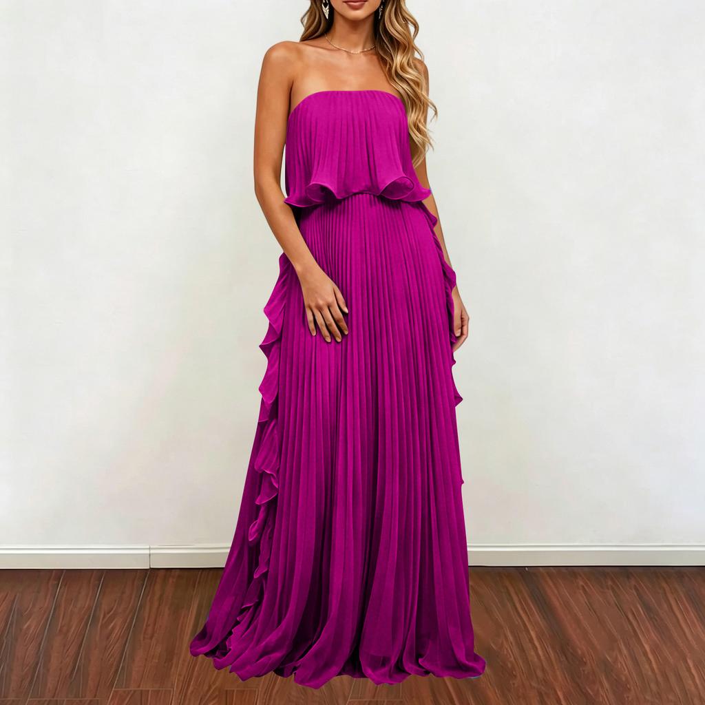 Women Strapless Pleated Maxi Dress Sleeveless Ruffle Hem Chiffon Evening Gown Long Length Summer Fashion Formal Dress